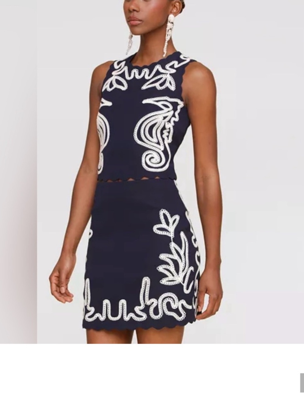 Avec Les Filles Navy Top and Skirt with White Embroidered Motifs